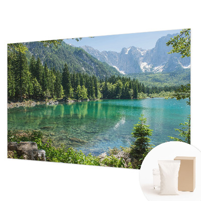 Large wall mural wallpaper featuring a green lake scene