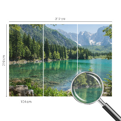 Large wall mural wallpaper featuring a green lake scene