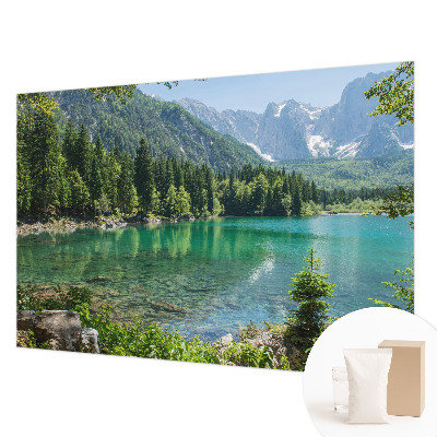 Large wall mural wallpaper featuring a green lake scene