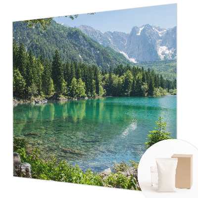 Large wall mural wallpaper featuring a green lake scene