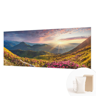 Large wallpaper mural with a mountain panorama design