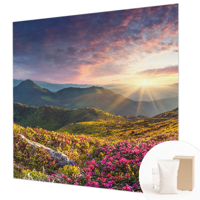 Large wallpaper mural with a mountain panorama design