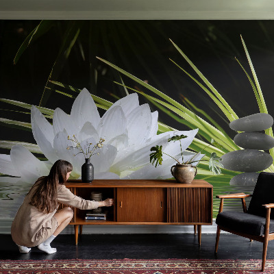 Wall mural for bedroom featuring a meditative lily design