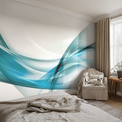 Large wall mural featuring blue waves