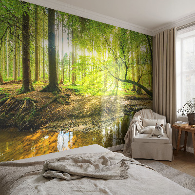 Non-woven wall mural with a green landscape design