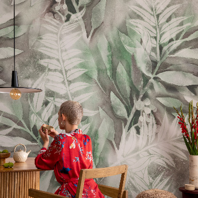 Non-woven photo wallpaper with a watercolor leaves design