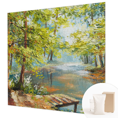 Large wall mural wallpaper featuring an idyllic lake scene