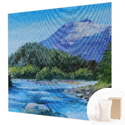 Large wall mural featuring a mountain scenery