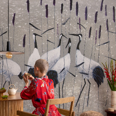 Decorative wall mural for living room with a harmonious cranes design