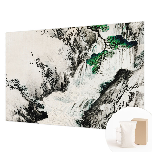 Large wall mural featuring a natural waterfall scene