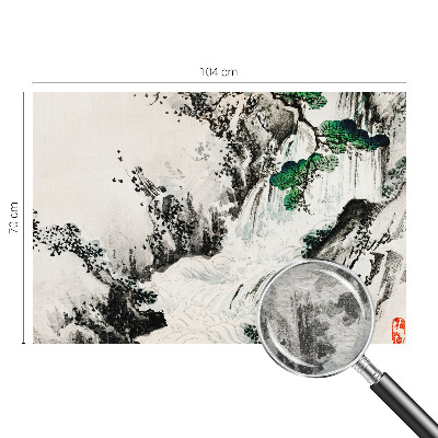 Large wall mural featuring a natural waterfall scene