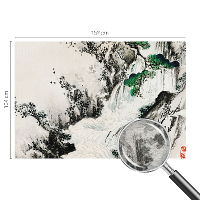 Large wall mural featuring a natural waterfall scene