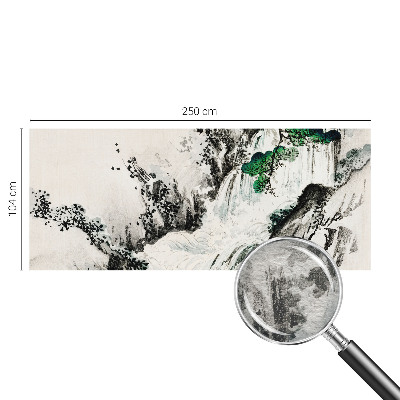 Large wall mural featuring a natural waterfall scene