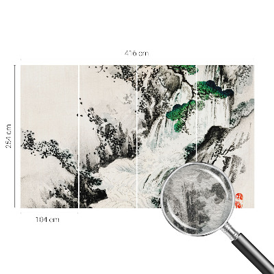 Large wall mural featuring a natural waterfall scene