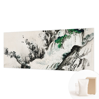 Large wall mural featuring a natural waterfall scene