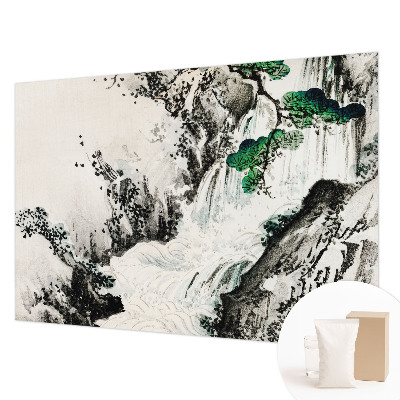 Large wall mural featuring a natural waterfall scene