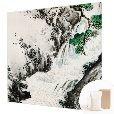 Large wall mural featuring a natural waterfall scene