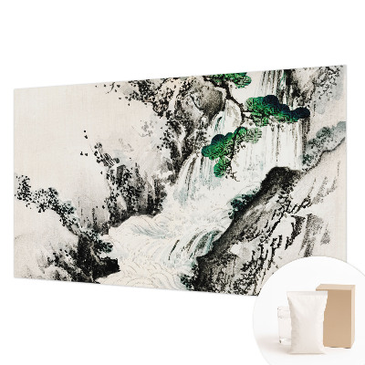 Large wall mural featuring a natural waterfall scene