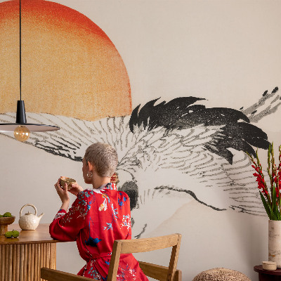 Large wallpaper mural featuring an elegant crane design