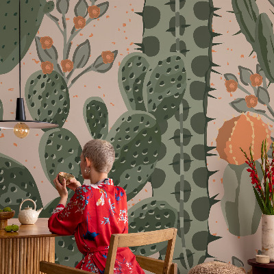High quality wall mural wallpaper with a green cactus design