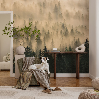 Premium photo wallpaper with a misty forest motif