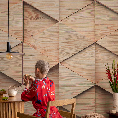 Wall mural with a wooden mosaic design