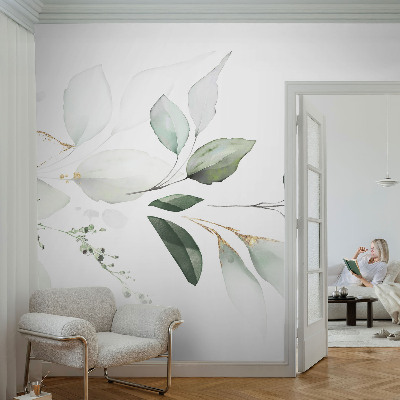 Modern wall mural for living room with a green leaves design