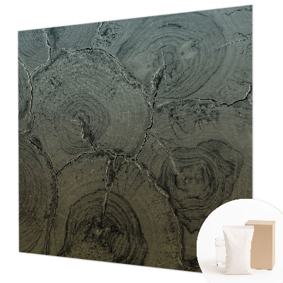 Modern wall mural for bedroom featuring wooden rings as a decorative motif
