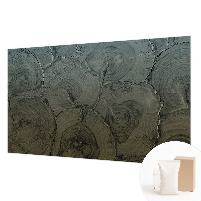 Modern wall mural for bedroom featuring wooden rings as a decorative motif