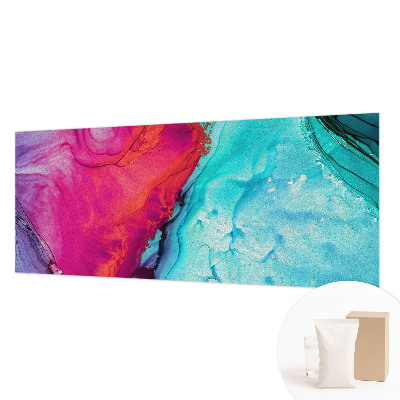 Large wallpaper mural with a colorful wave design