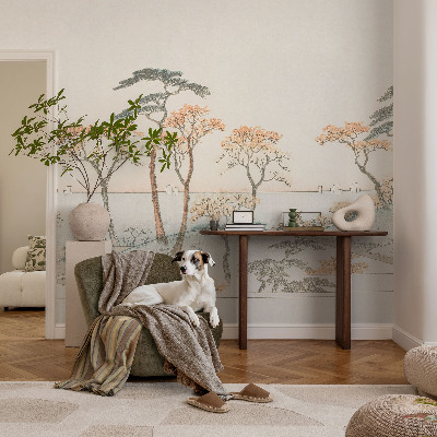 Large wallpaper mural featuring a peaceful landscape