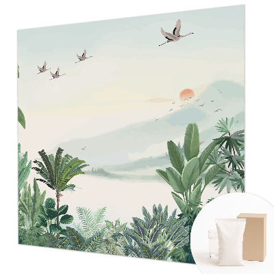 Wallpaper mural for living room with a tropical oasis design