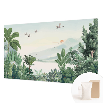Wallpaper mural for living room with a tropical oasis design