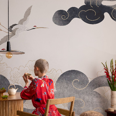 Wall mural for living room with a design of cranes in flight