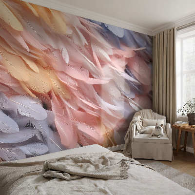 Decorative wall mural for living room with a pastel feather pattern
