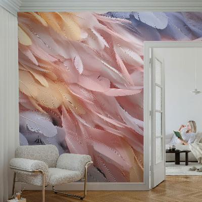 Decorative wall mural for living room with a pastel feather pattern