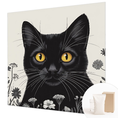 Wall mural for bedroom with a cat and floral design