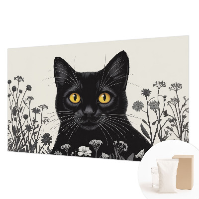 Wall mural for bedroom with a cat and floral design