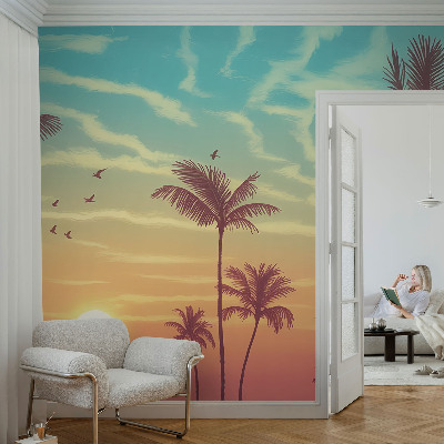 Custom size wall mural with a tropical landscape design