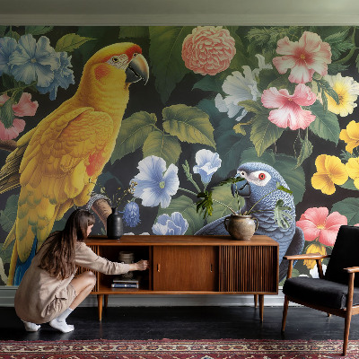 Non-woven wall mural with an exotic birds design