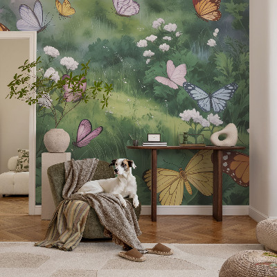 Wall mural with a butterflies-in-the-meadow design