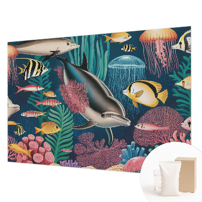 Wall mural for living room featuring underwater fauna