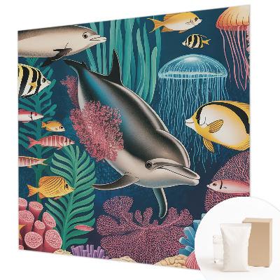 Wall mural for living room featuring underwater fauna