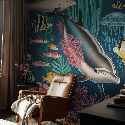 Wall mural for living room featuring underwater fauna