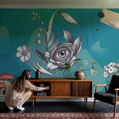 Bedroom wall mural wallpaper with a floral eye motif