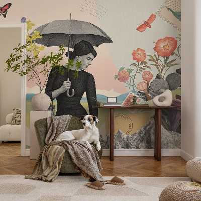 Custom size wall mural with a romantic collage design