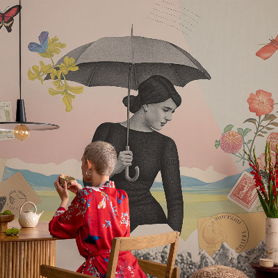 Custom size wall mural with a romantic collage design