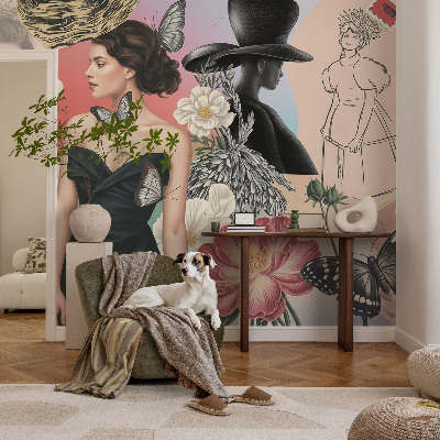 Modern wall mural for bedroom with floral and portrait motifs