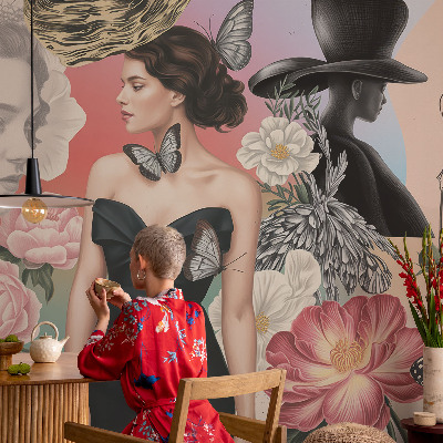Modern wall mural for bedroom with floral and portrait motifs