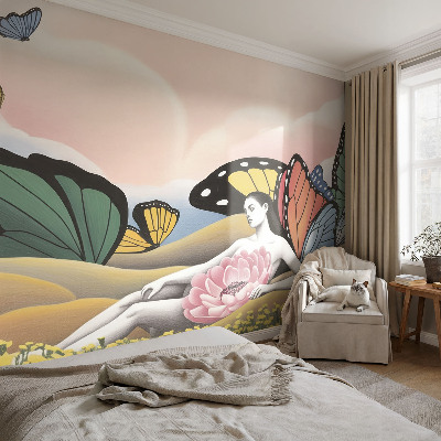 Premium wall mural for bedroom with a butterfly meadow design